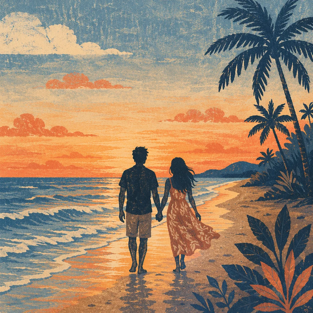 Couple Silhouette Walking on Sunset Beach