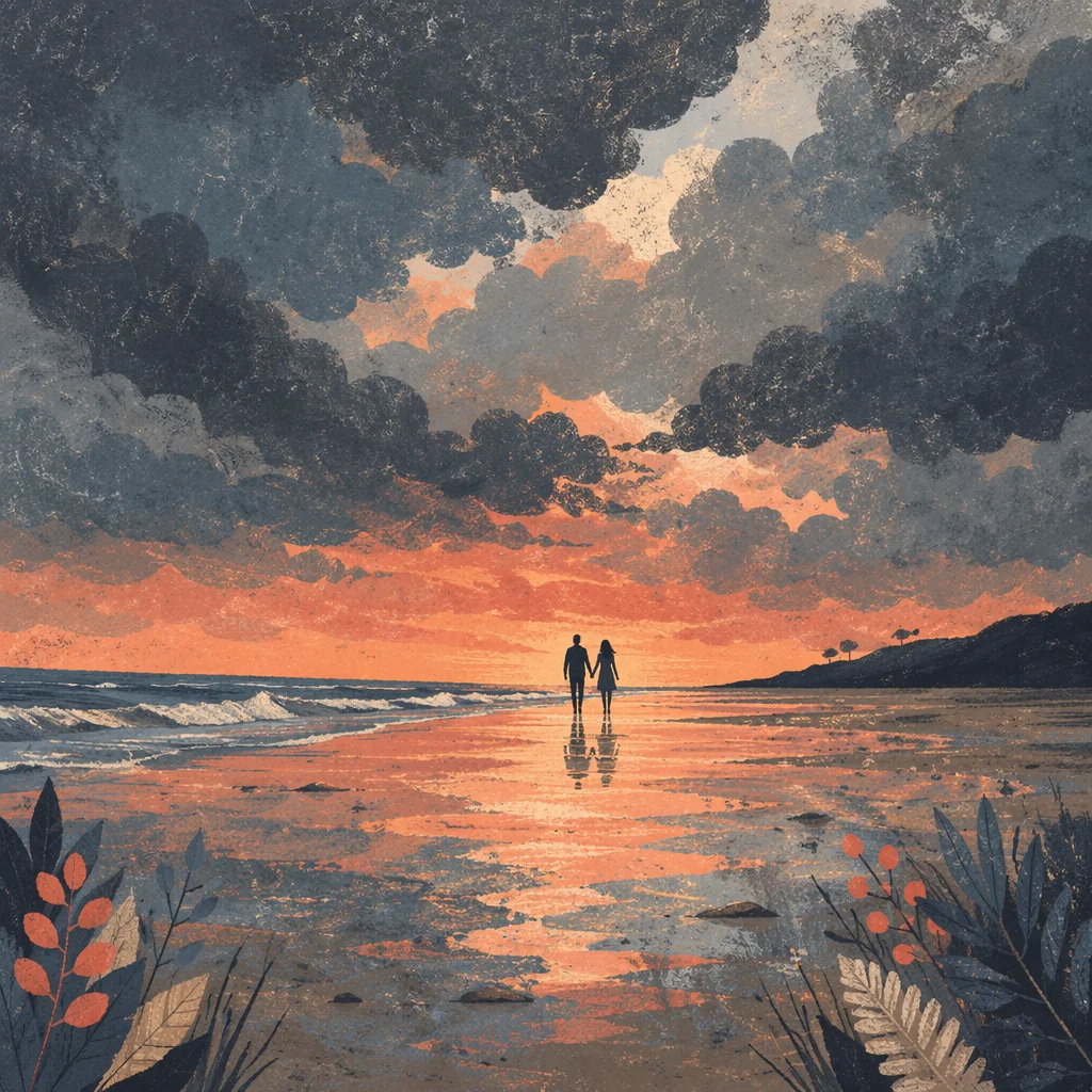 Couple Holding Hands on Stormy Sunset Beach