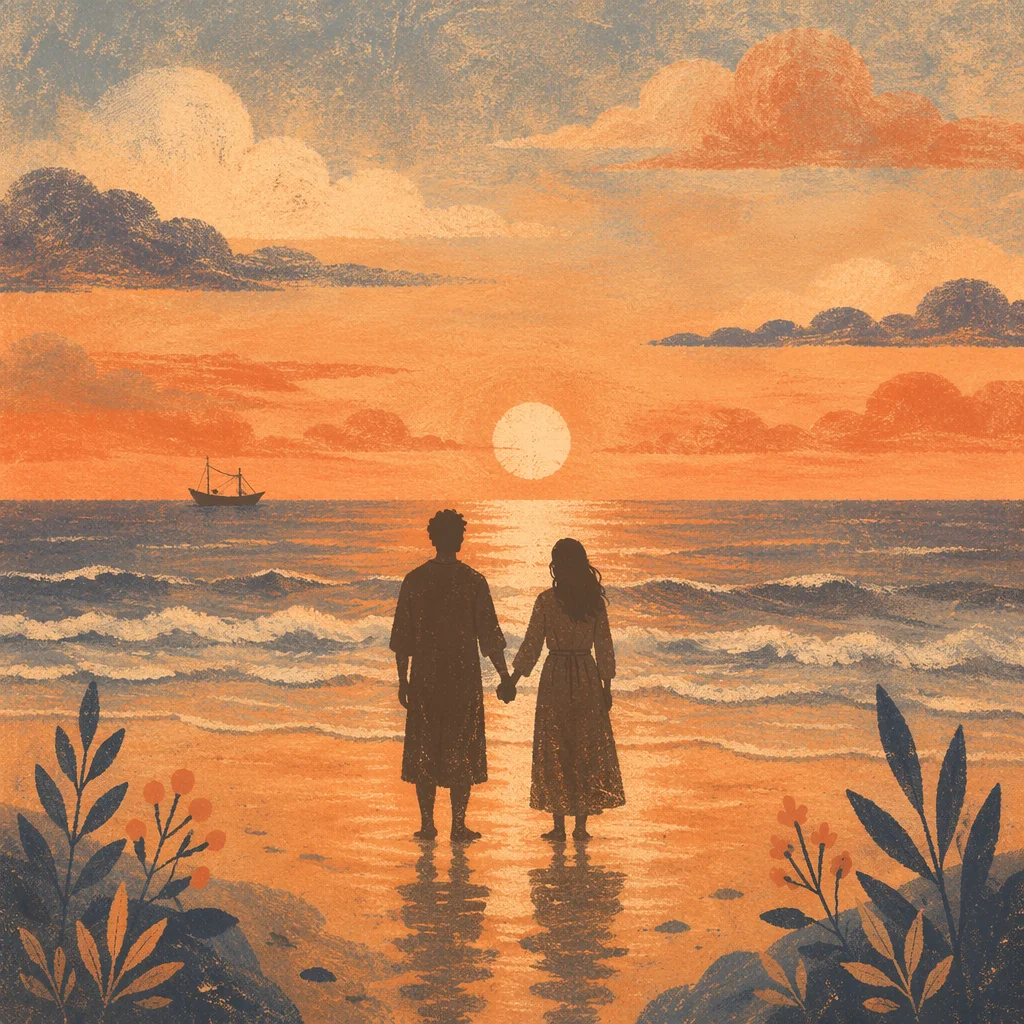 Couple Holding Hands at Sunset Shore