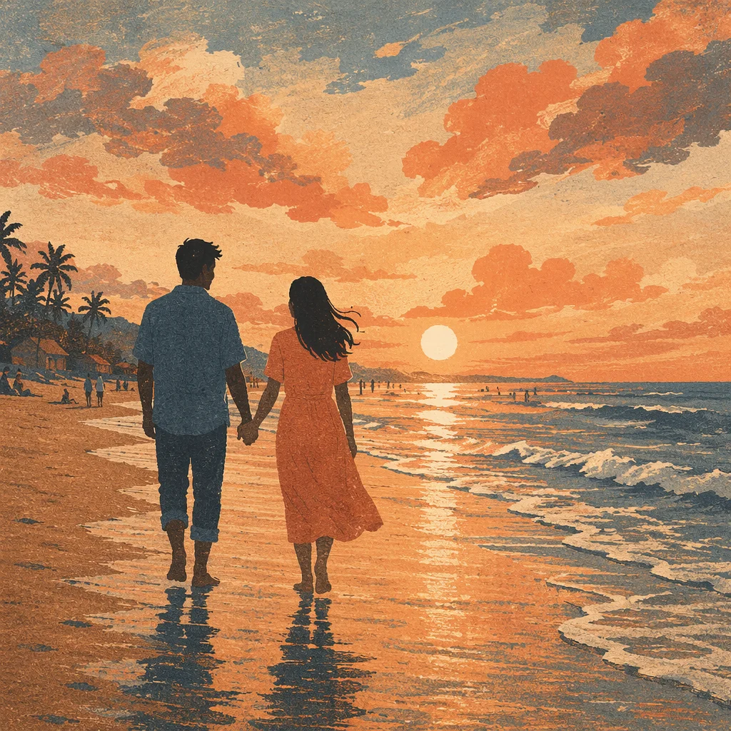 Couple Walking Hand in Hand at Sunset