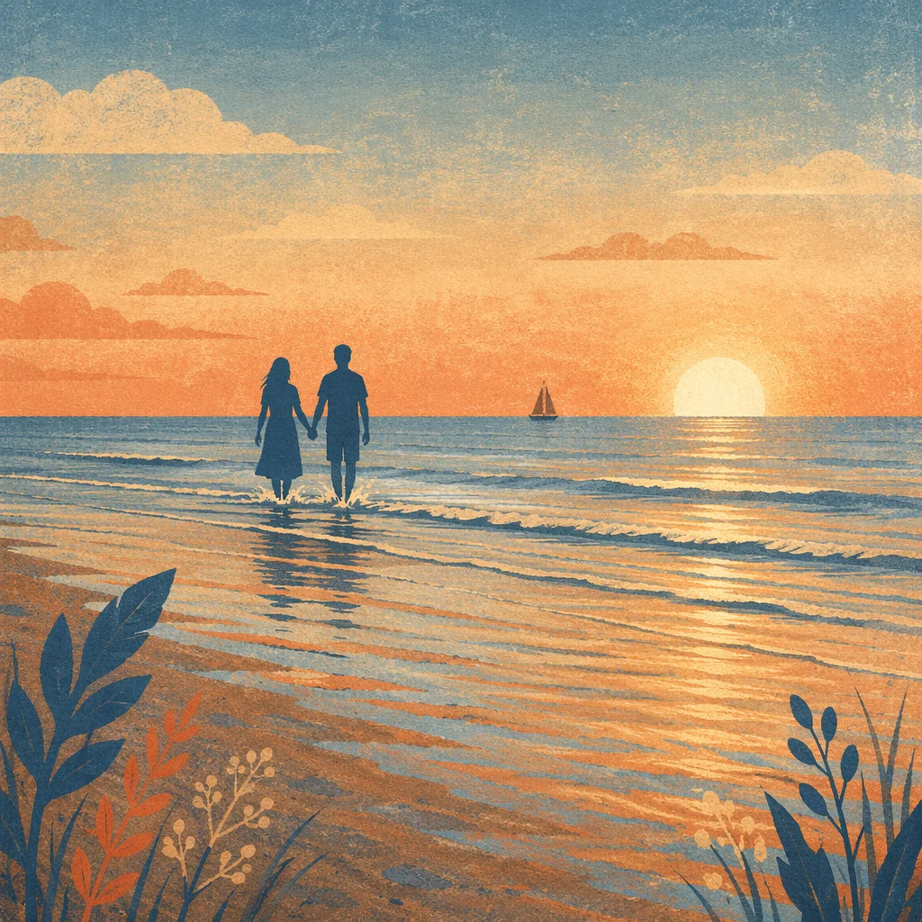 Couple Silhouette Walking Beach at Sunset
