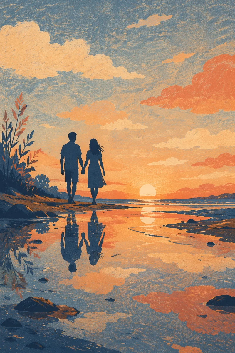 Romantic Couple Silhouette on Sunset Beach
