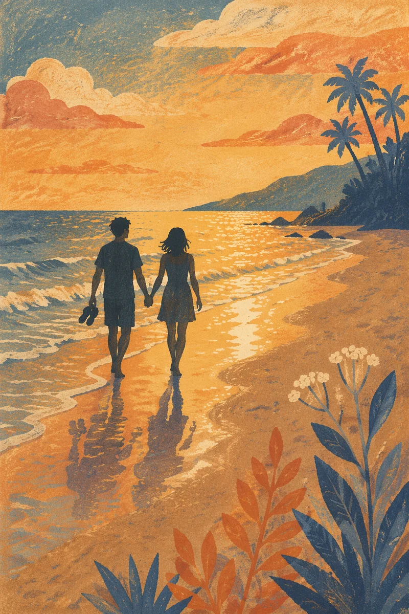 Silhouette Couple Walking Beach at Golden Sunset