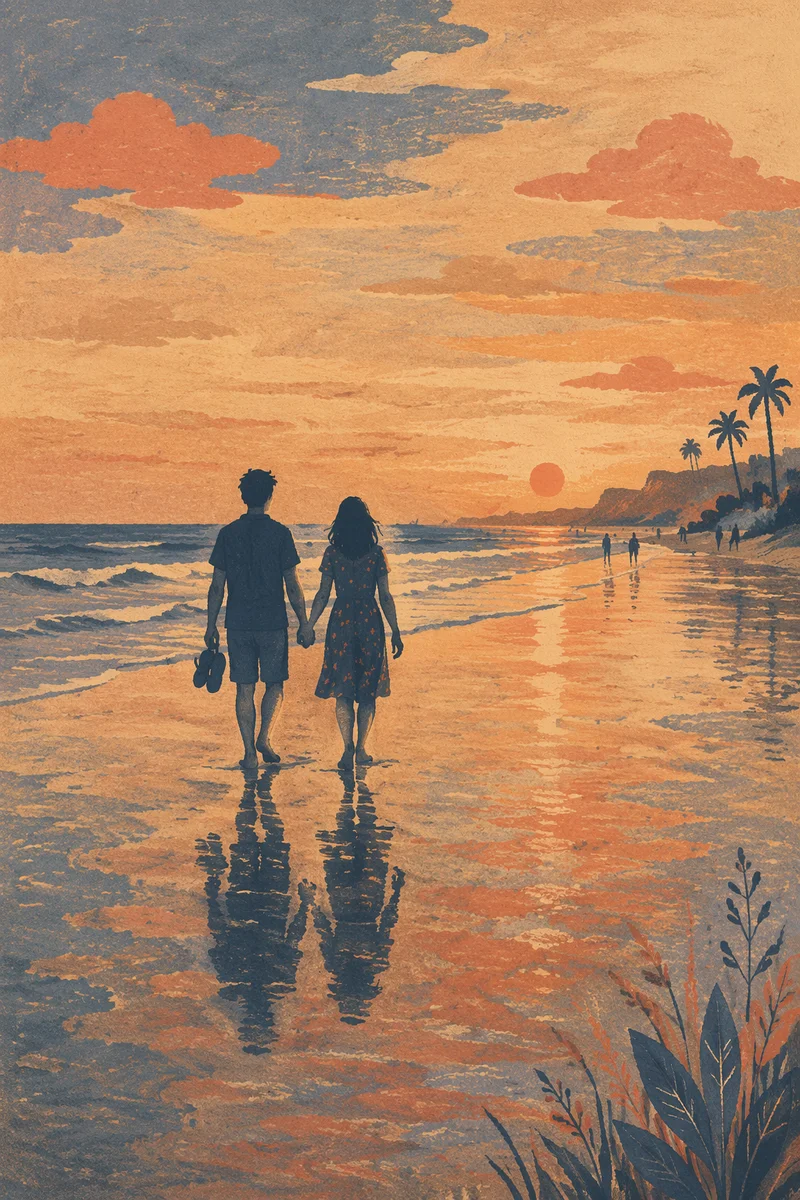 Silhouetted Couple Walking Beach at Sunset