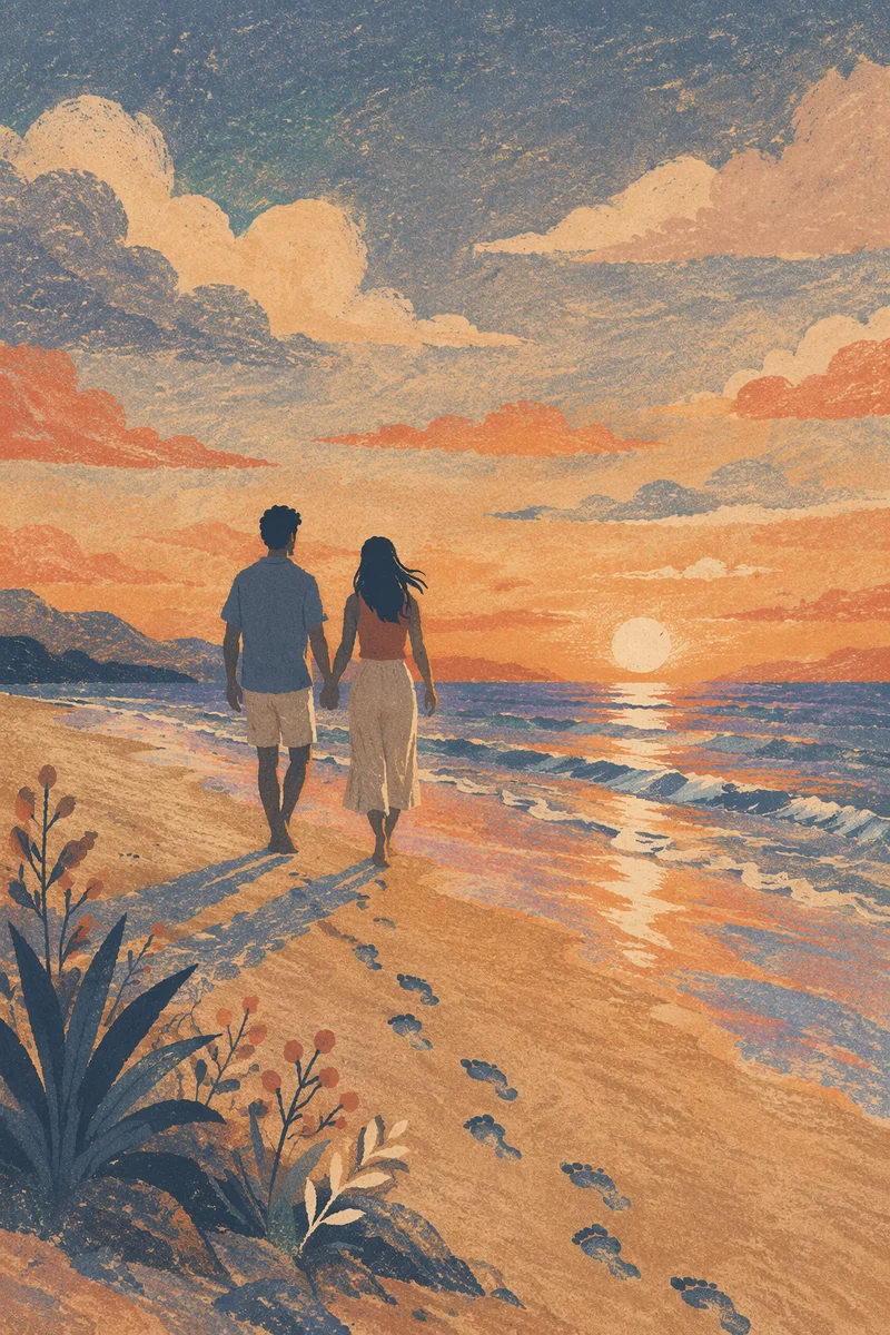Couple Walking at Sunset Beach Silhouette