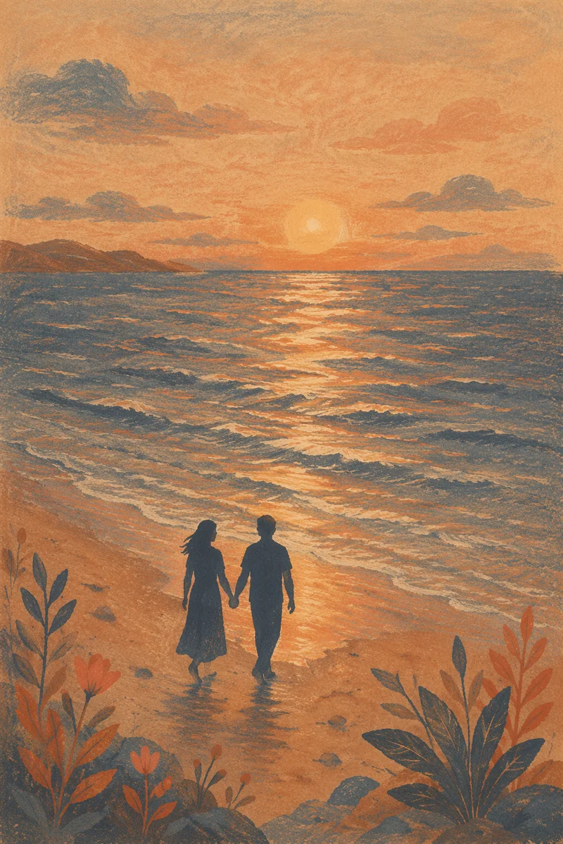 Couple Silhouette Walking Beach at Sunset