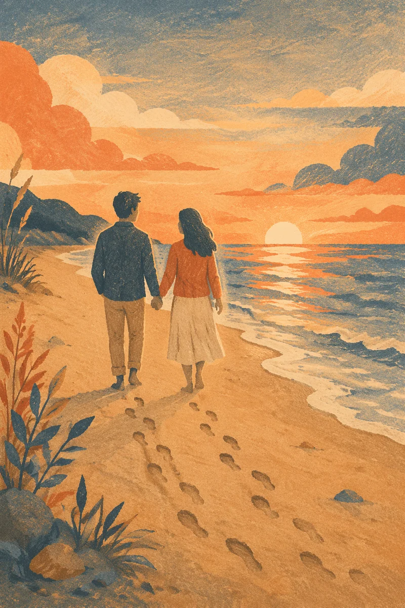Couple Walking Beach at Golden Sunset