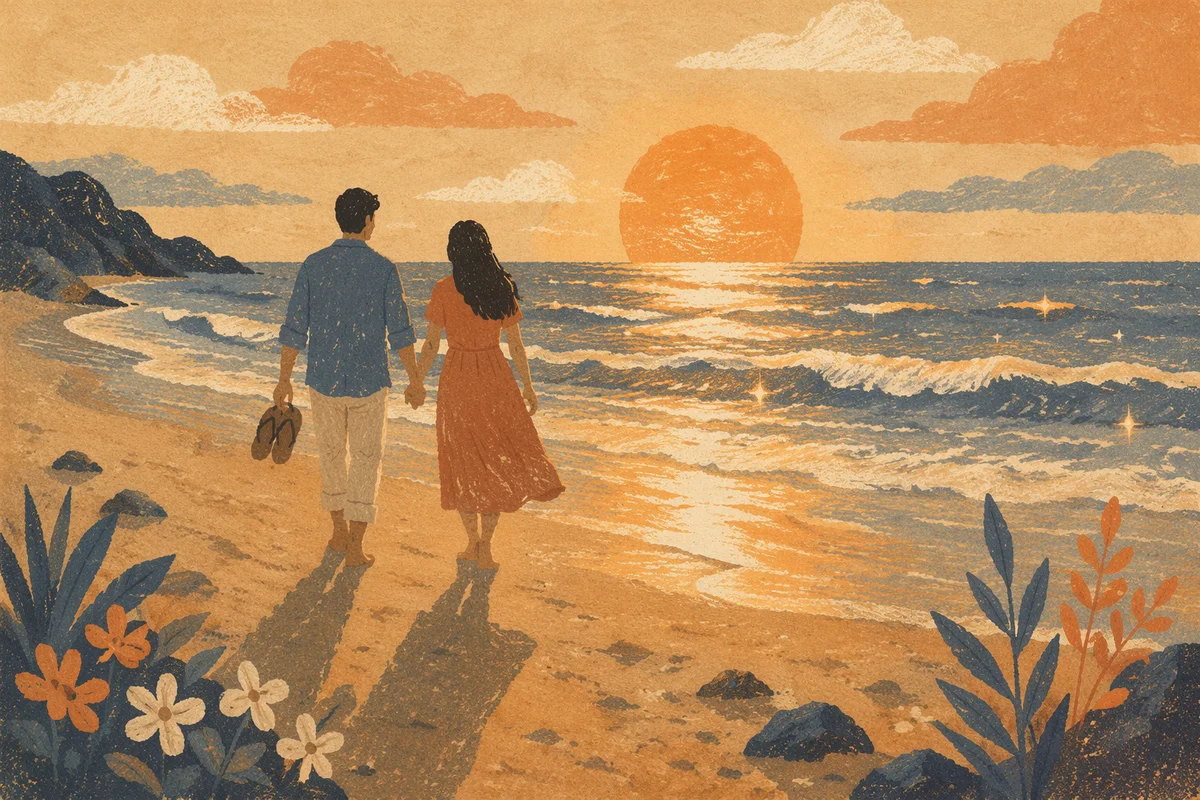 Couple Walking Hand in Hand at Sunset Beach