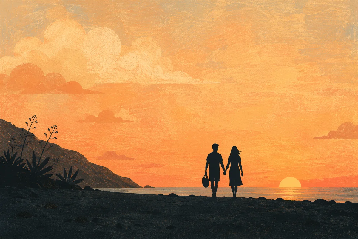 Romantic Couple Silhouette Walking at Sunset