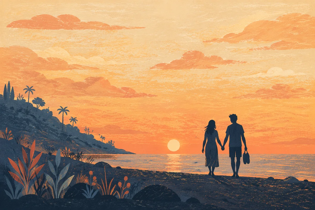 Romantic Couple Walking on Sunset Beach