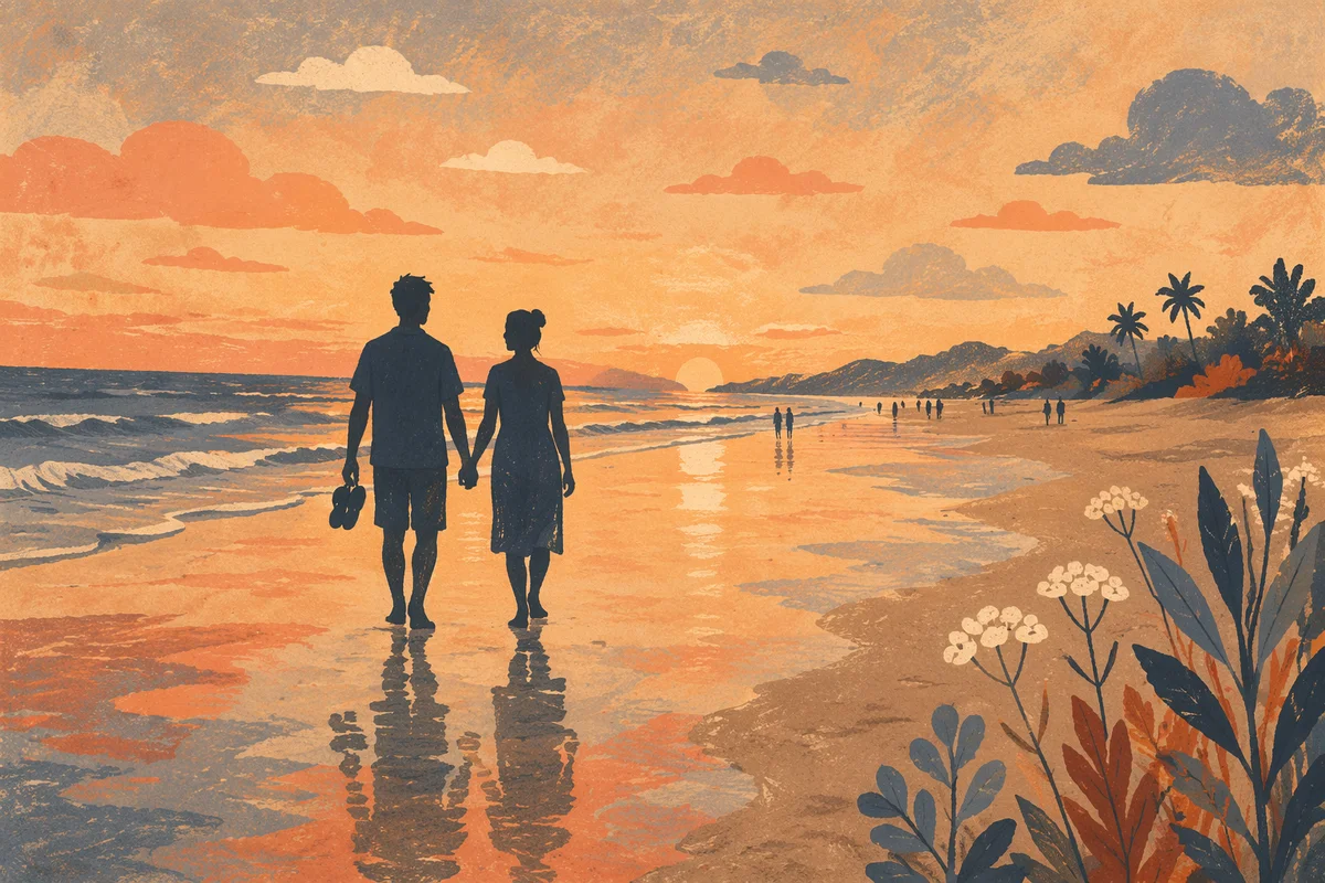 Romantic Couple Silhouette Walking on Sunset Beach