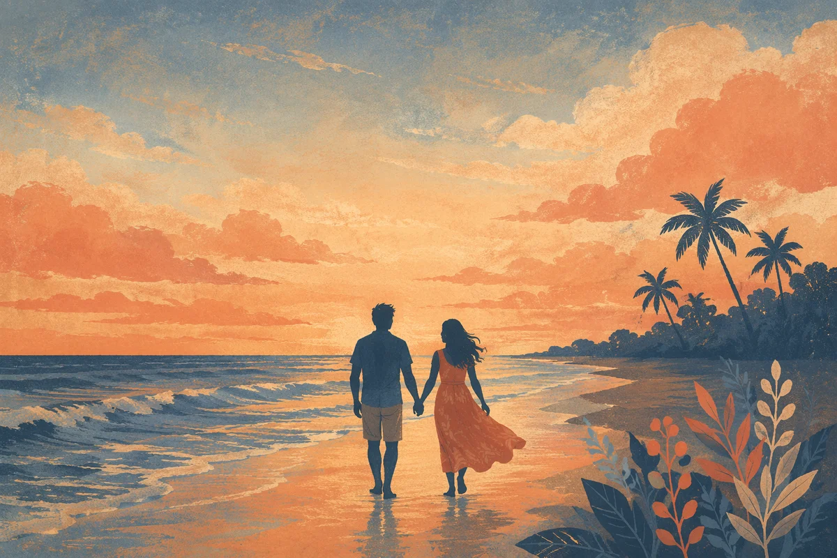 Couple Walking Hand in Hand at Sunset