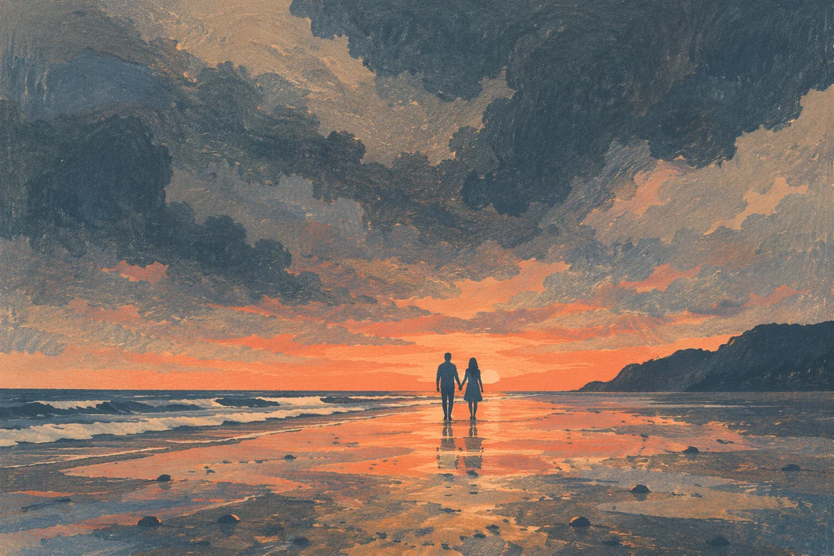 Couple Walking at Sunset Beach Silhouette