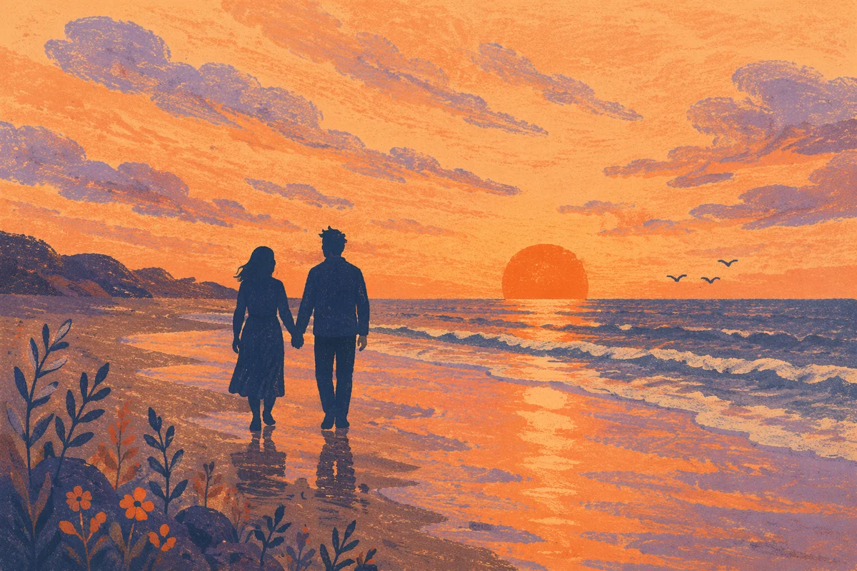 Couple Walking Hand in Hand at Sunset