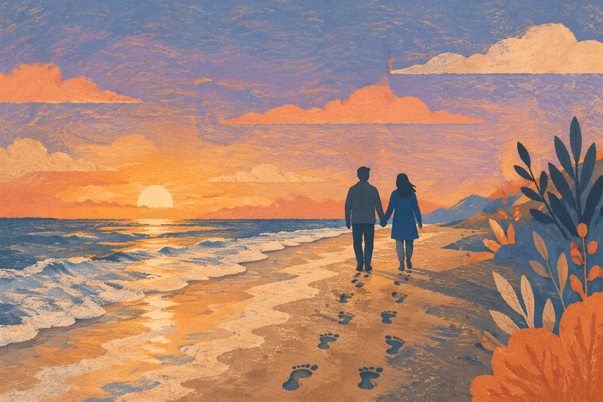 Couple Walking at Sunset Beach Silhouette