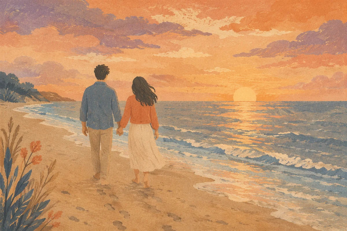 Couple Silhouette Walking Beach at Sunset