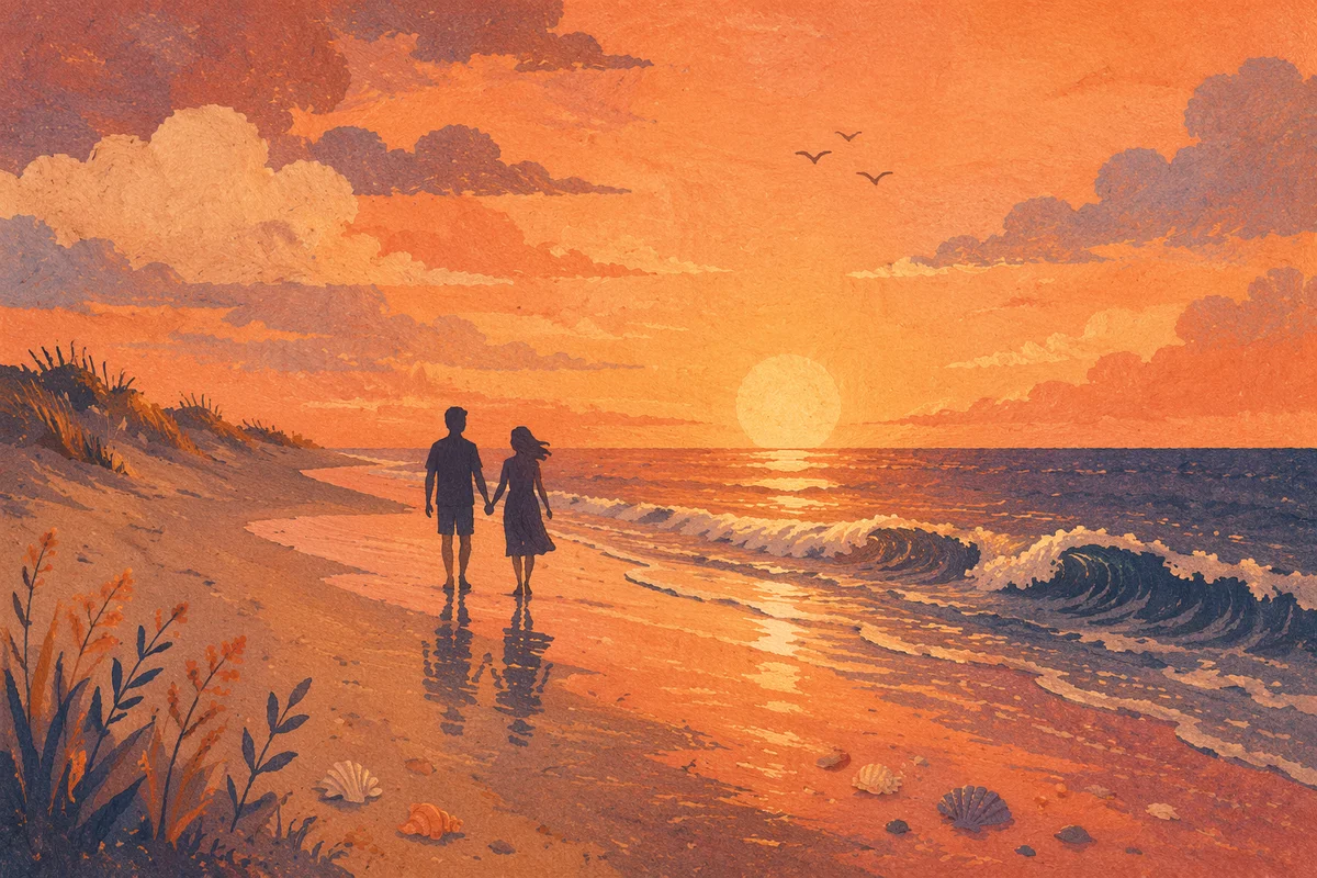 Couple Walking Hand in Hand at Sunset