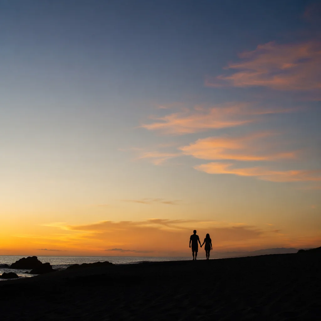 Couple Silhouette Walking Beach at Sunset