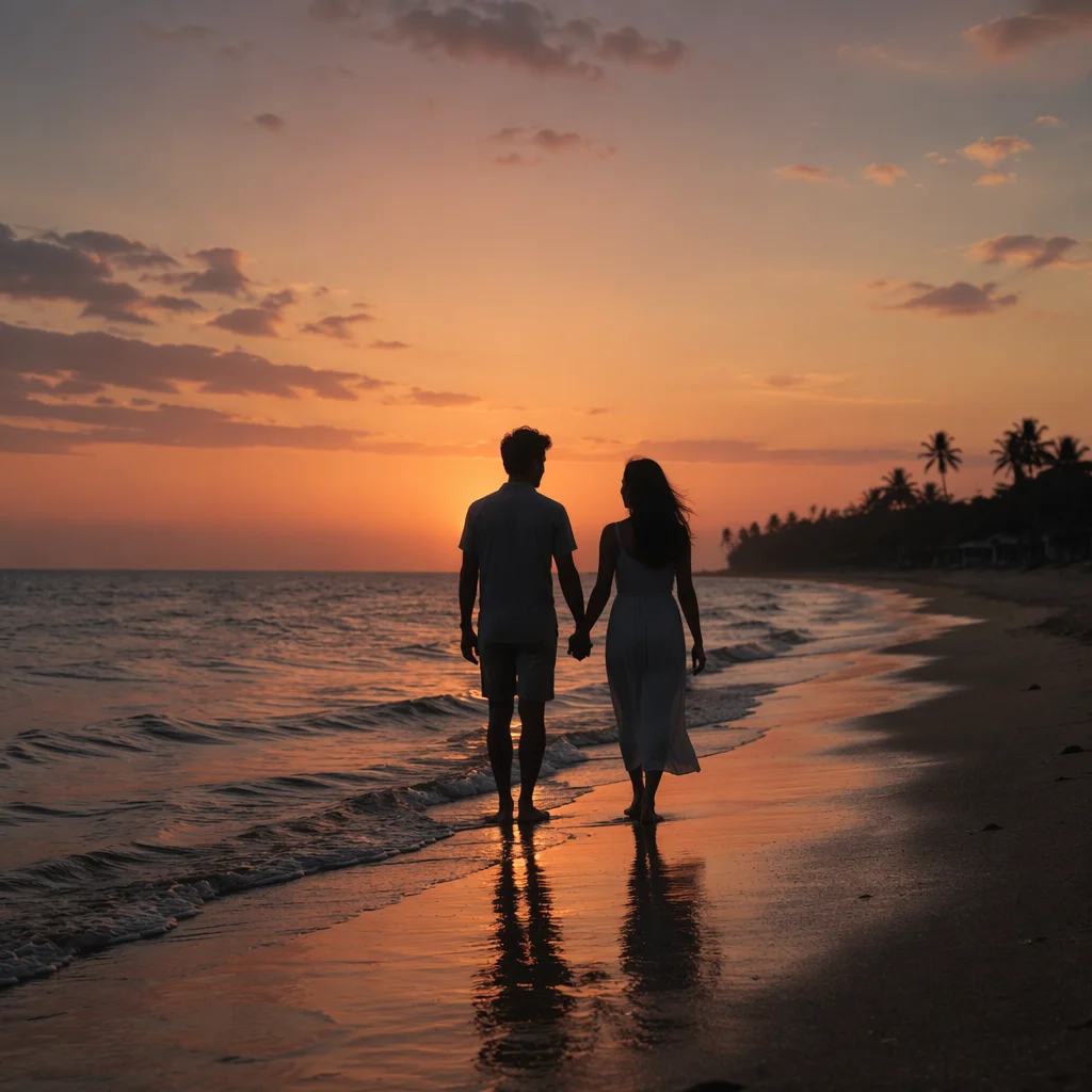 Couple Walking Hand in Hand at Sunset