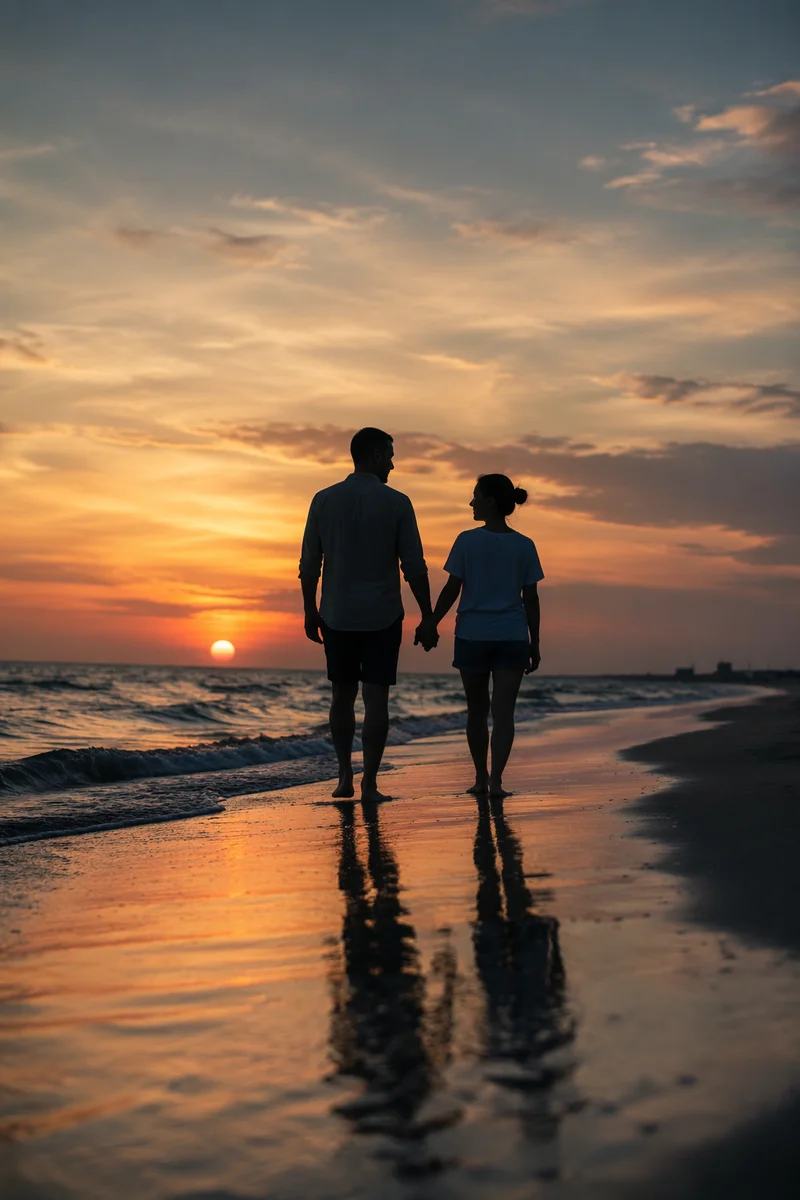 Couple Walking on Beach at Sunset