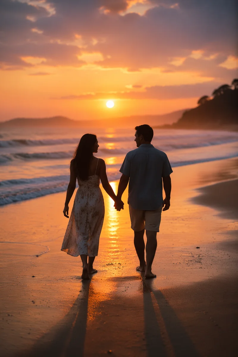 Couple Walking on Beach at Sunset