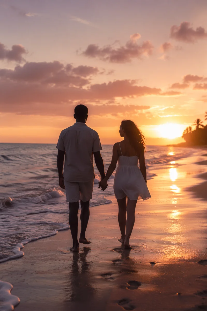Couple Walking Hand in Hand at Sunset