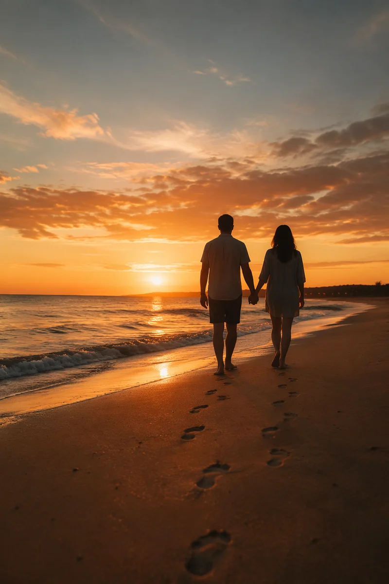 Couple Walking Beach Sunset Silhouette