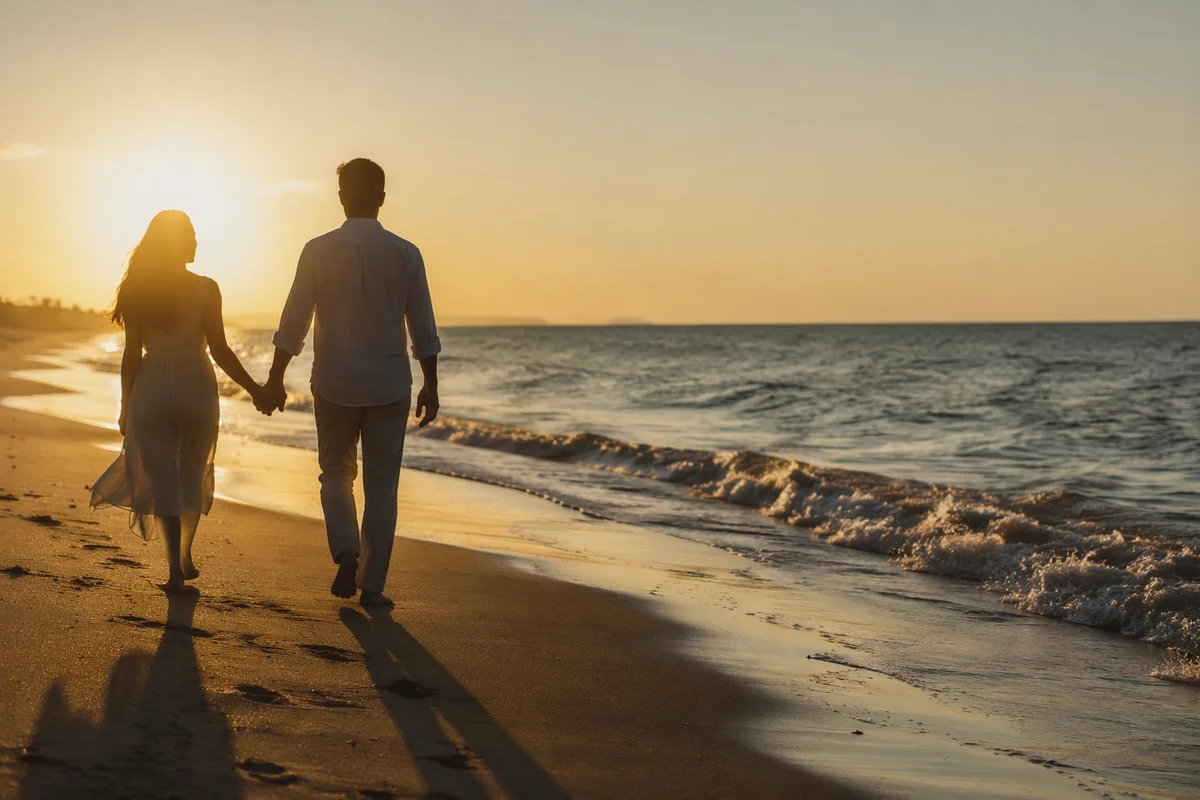 Couple Holding Hands on Sunset Beach