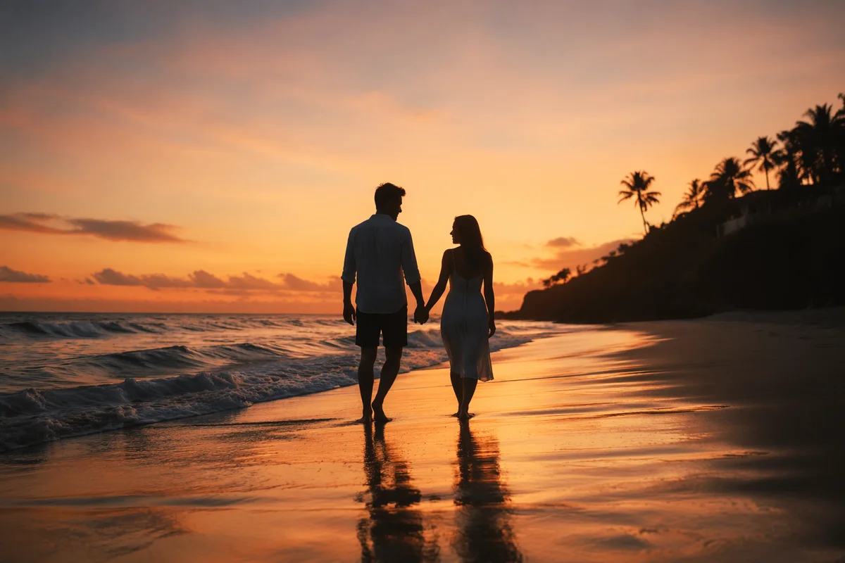 Couple Walking Hand in Hand at Sunset