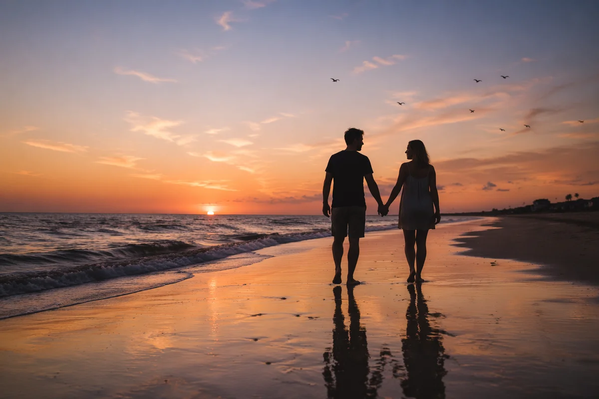 Couple Walking Hand in Hand at Sunset