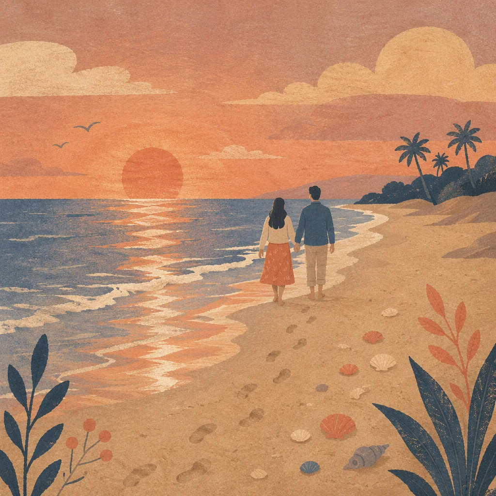 Couple Walking Hand in Hand at Sunset