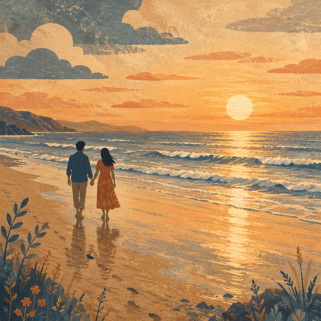Couple Walking at Sunset Beach