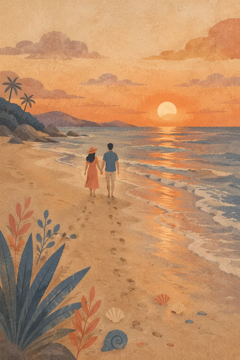 Couple Walking Hand in Hand at Sunset Beach