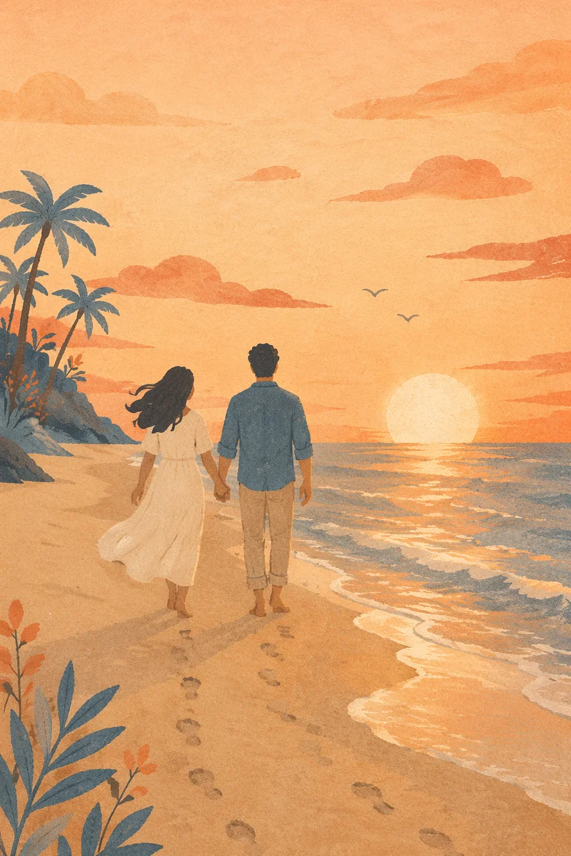 Couple Walking Hand in Hand at Sunset