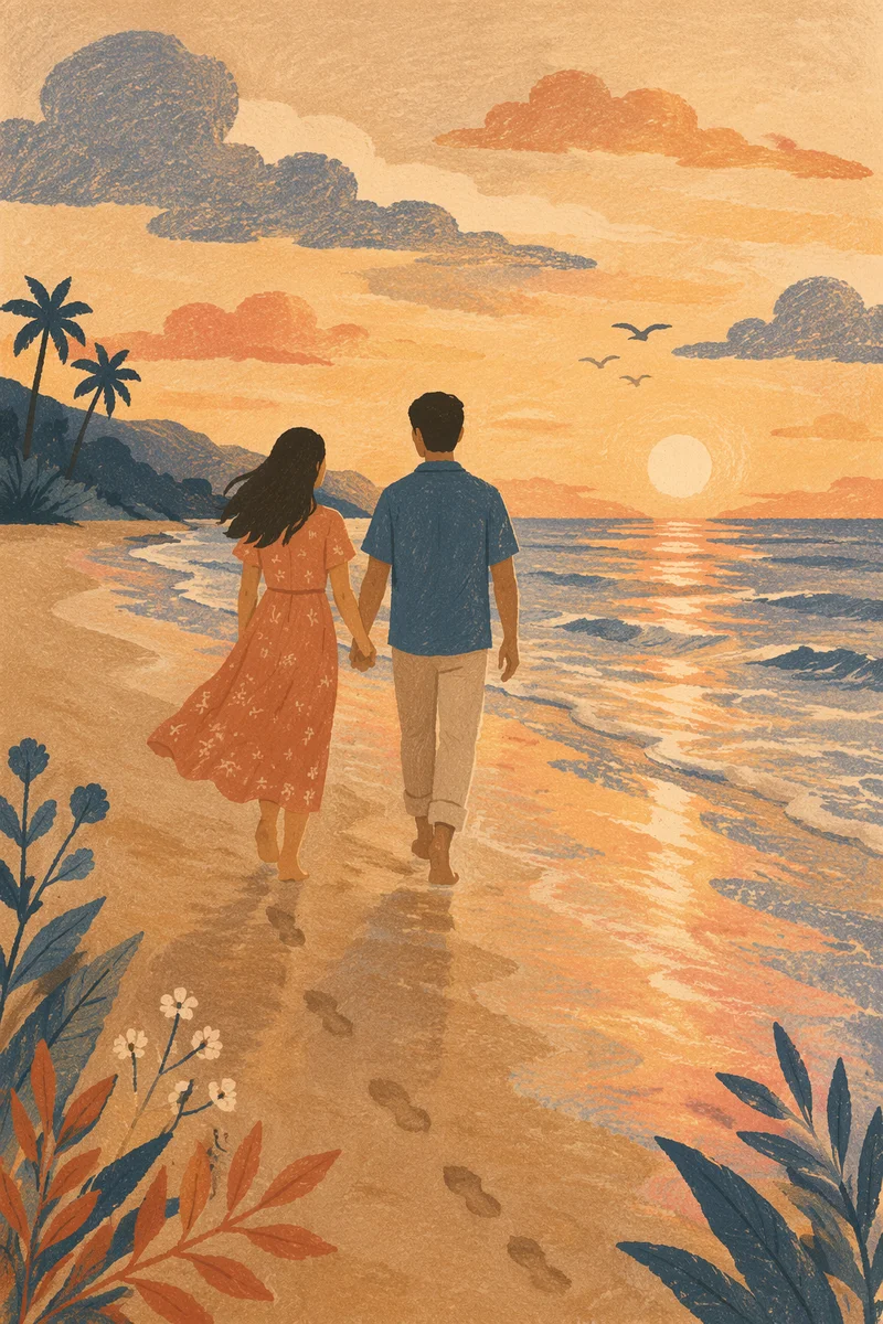 Couple Walking Hand in Hand at Sunset