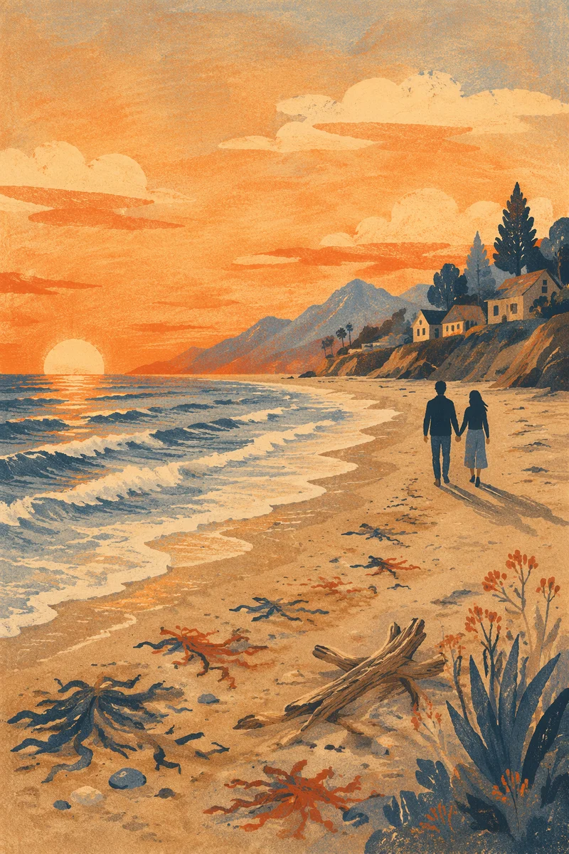 Couple Walking Hand in Hand at Sunset