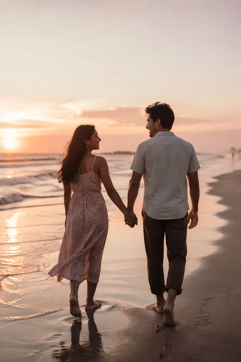 Couple Walking Hand in Hand at Sunset