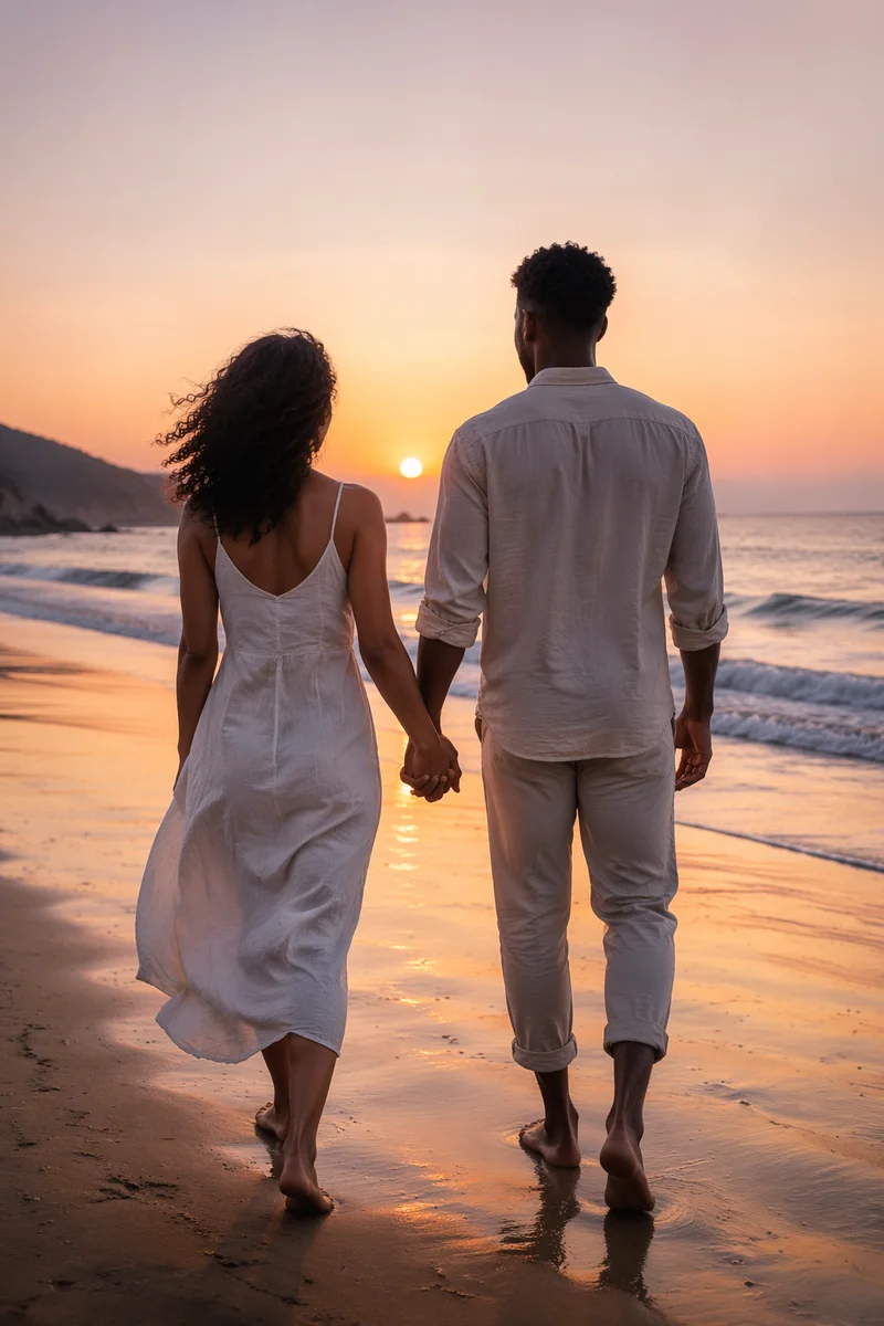 Couple Walking Hand in Hand at Sunset