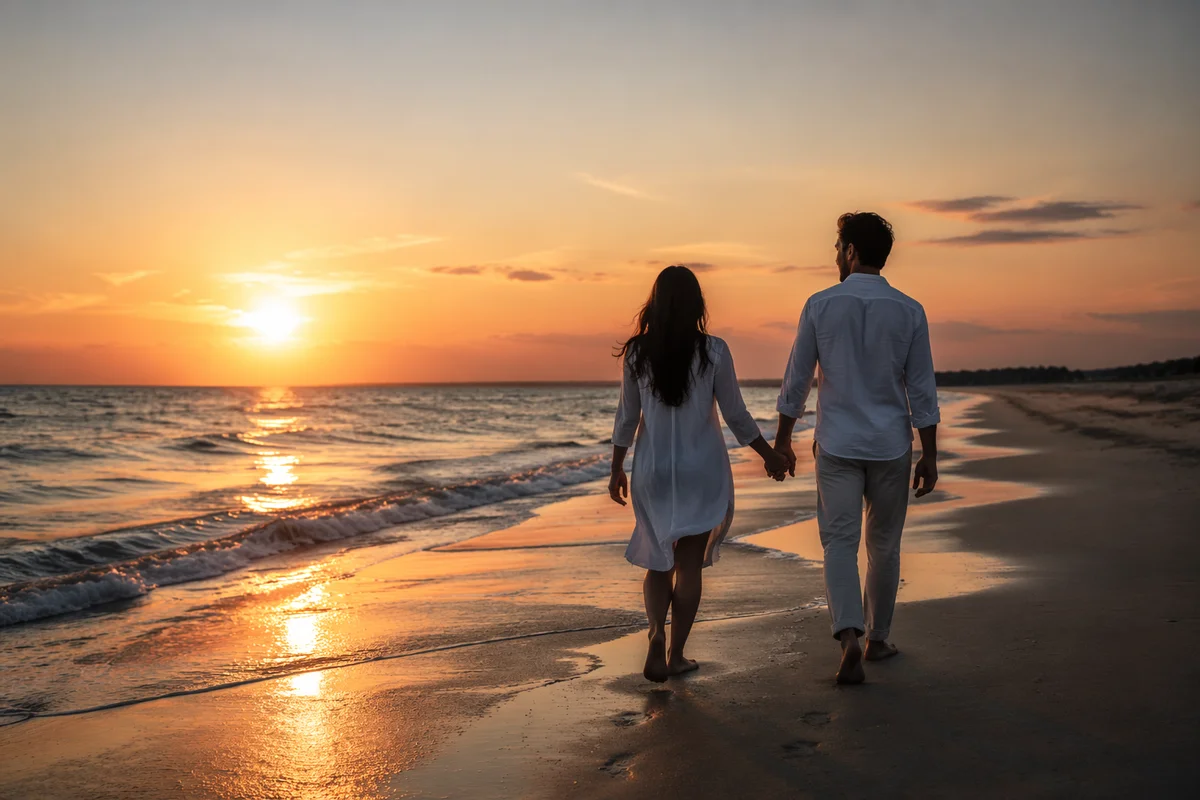 Couple Walking Hand in Hand at Sunset