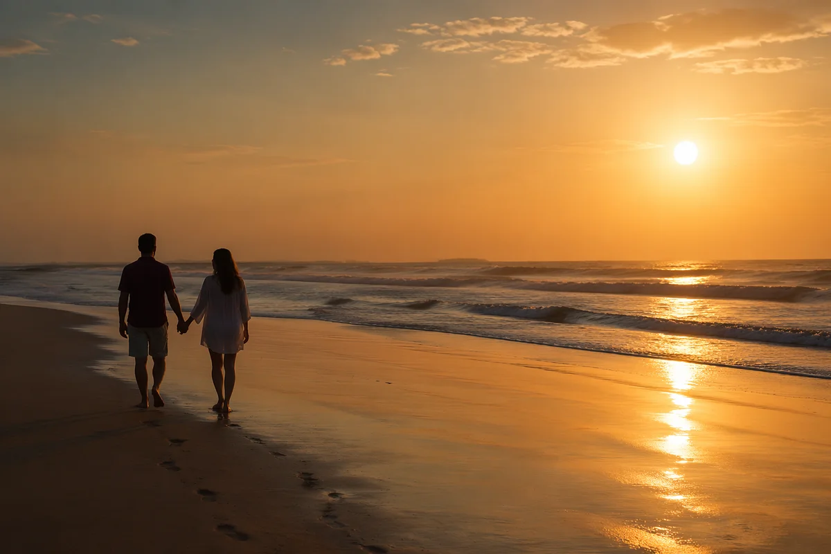 Couple Walking Hand in Hand at Sunset Beach