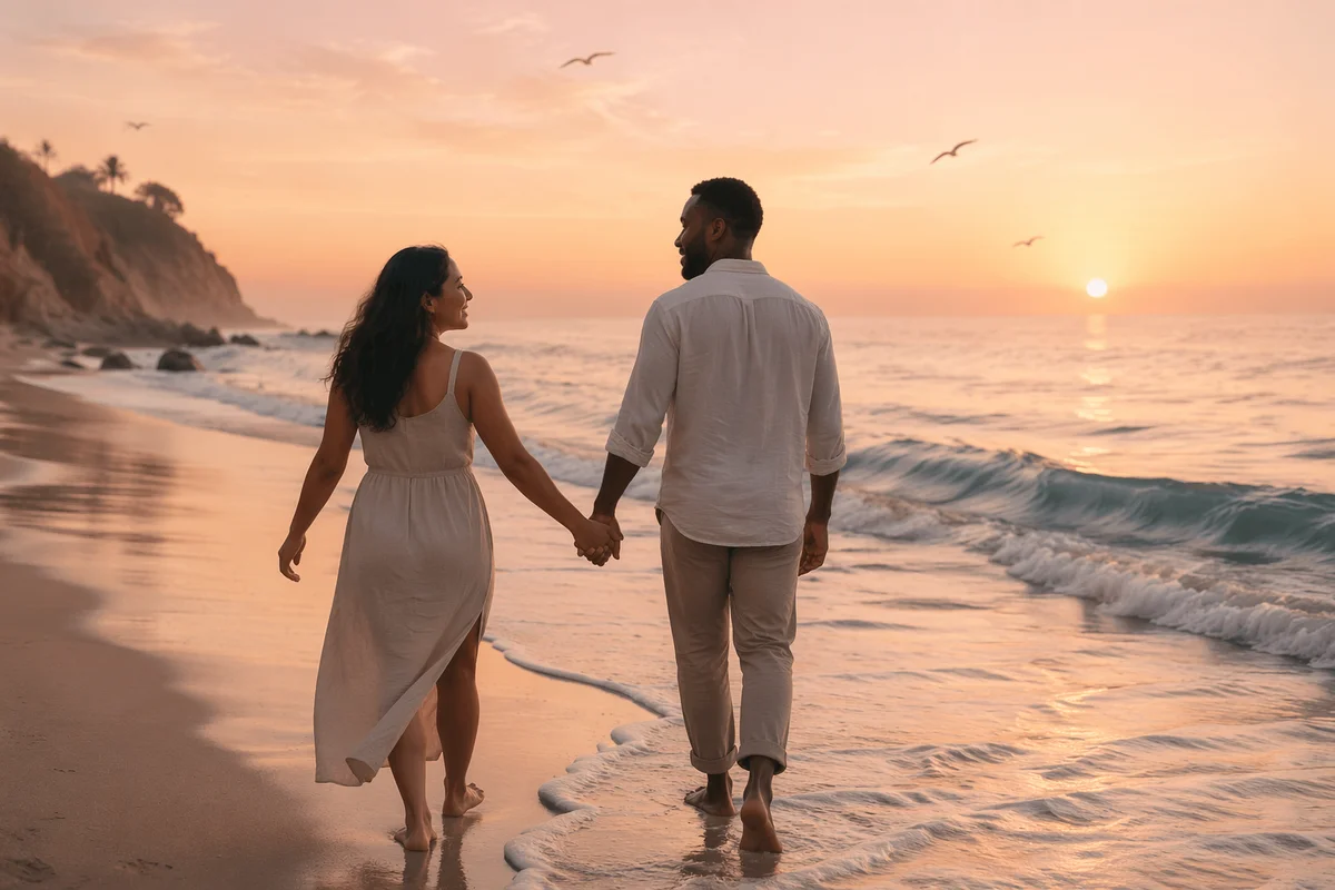 Couple Walking Hand in Hand at Sunset