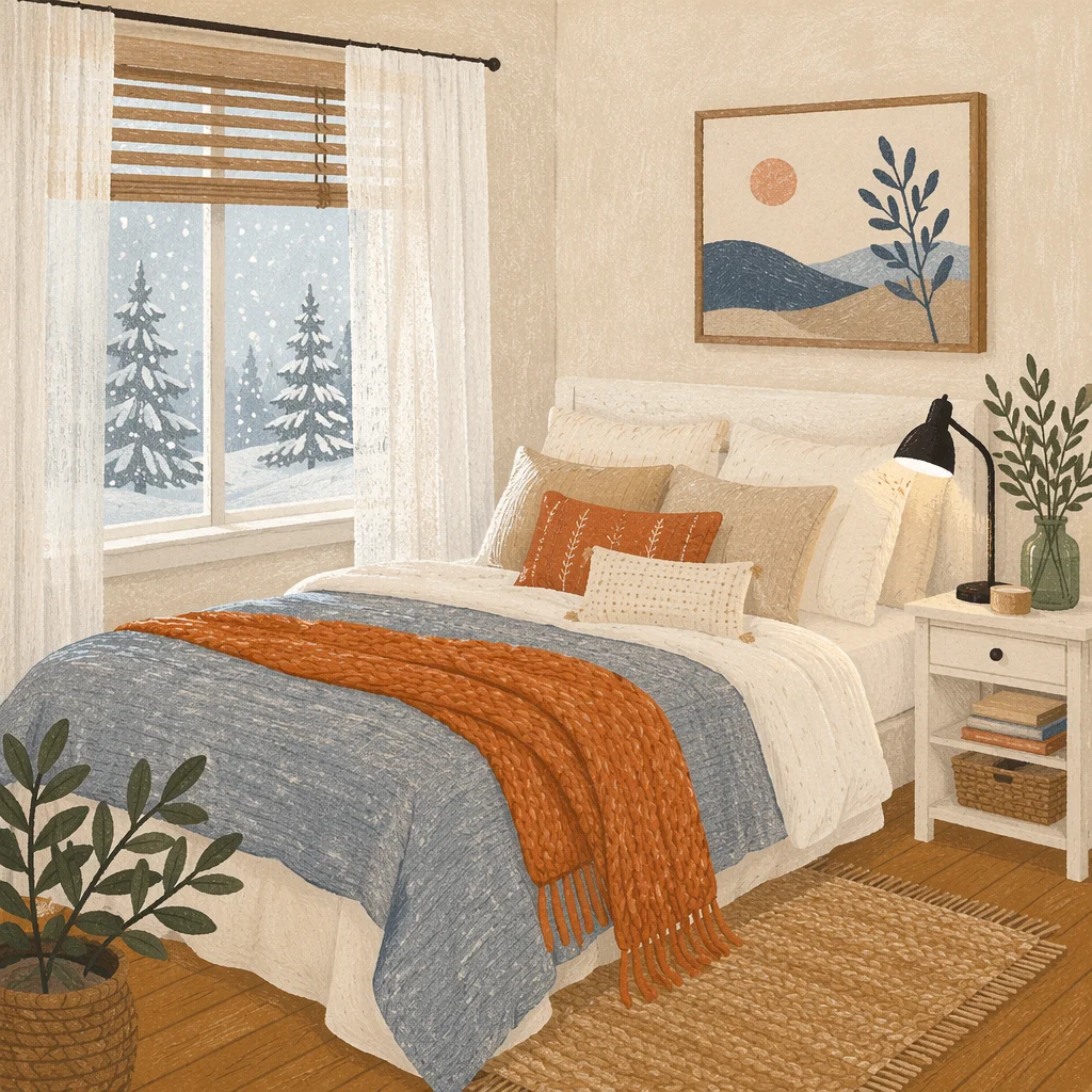 Cozy Snowy Cabin Bedroom Window View