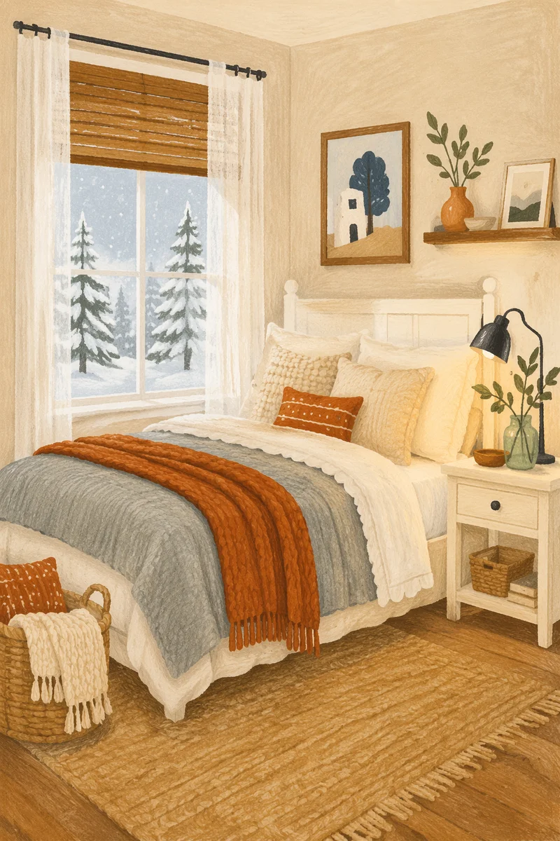 Cozy Snowy Cabin Bedroom Window View