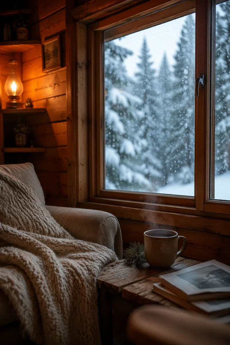 Cozy Cabin Window View on Snowy Morning