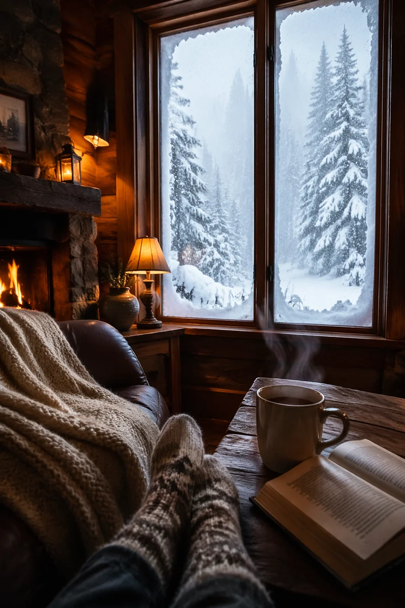 Cozy Cabin Window View in Falling Snow