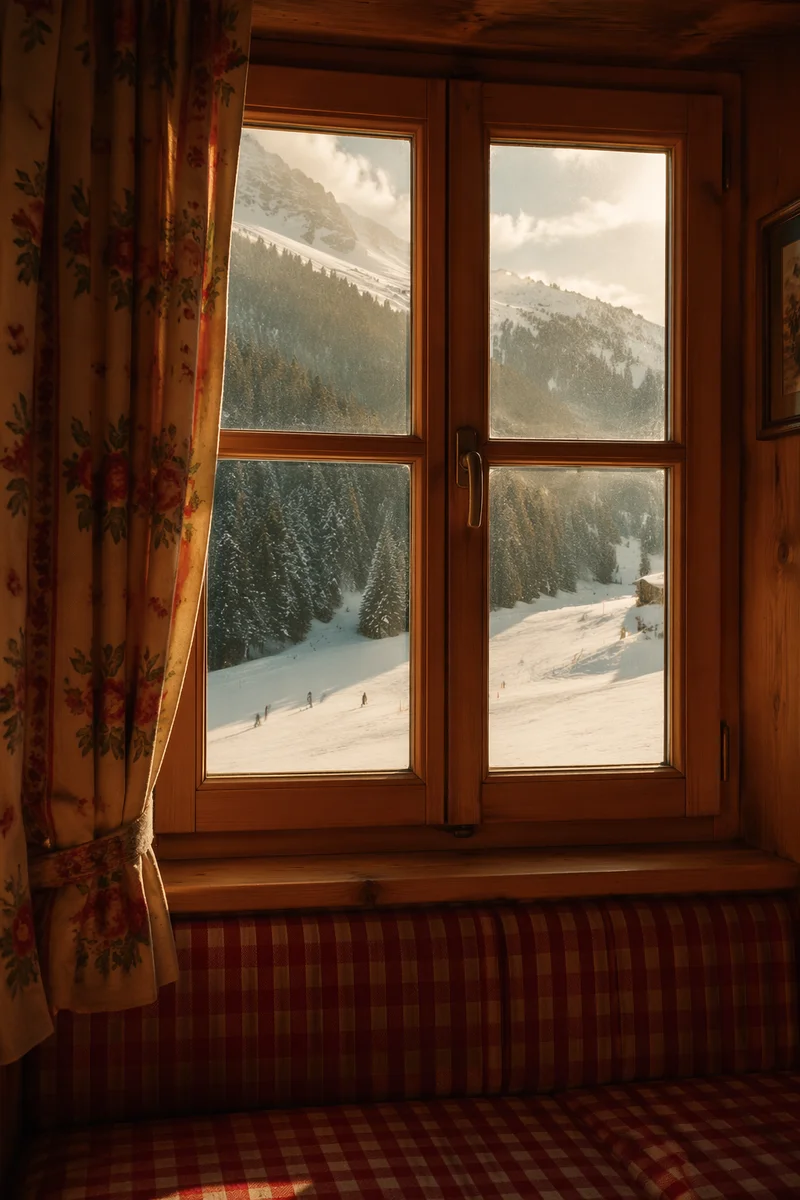 Cozy Cabin Window View of Snowy Pines