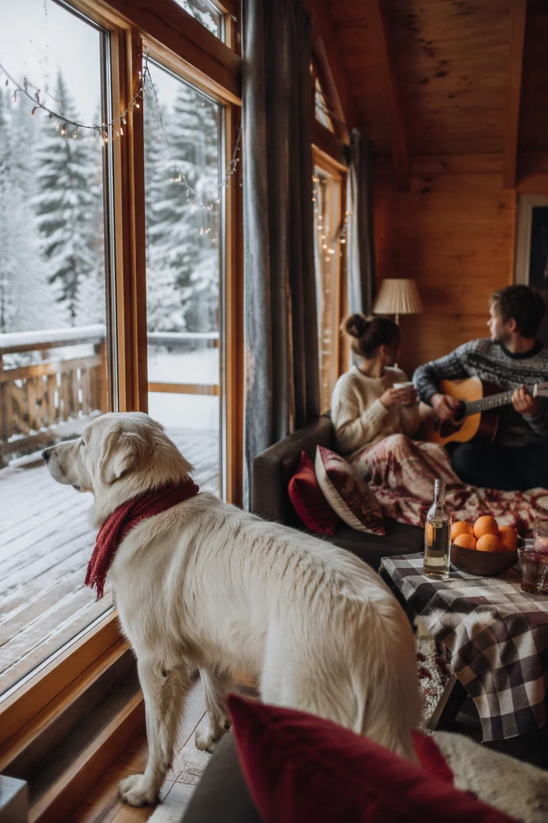 Cozy Cabin Window View with Snowy Forest