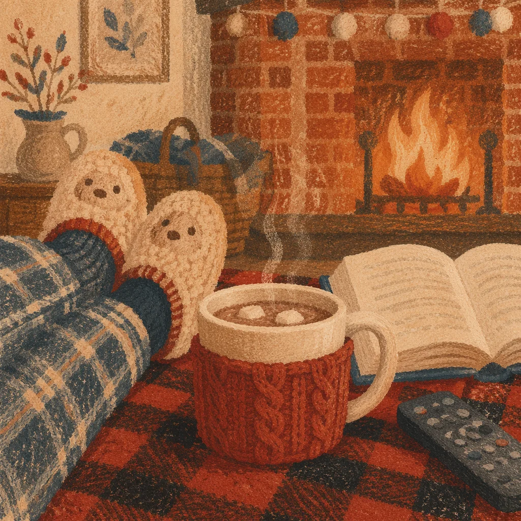 Cozy Hot Cocoa Reading Nook by Fireplace