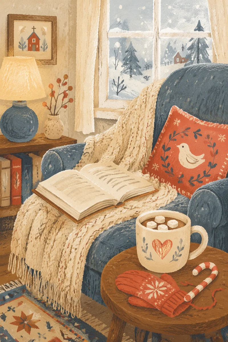 Cozy Winter Reading Nook with Hot Cocoa