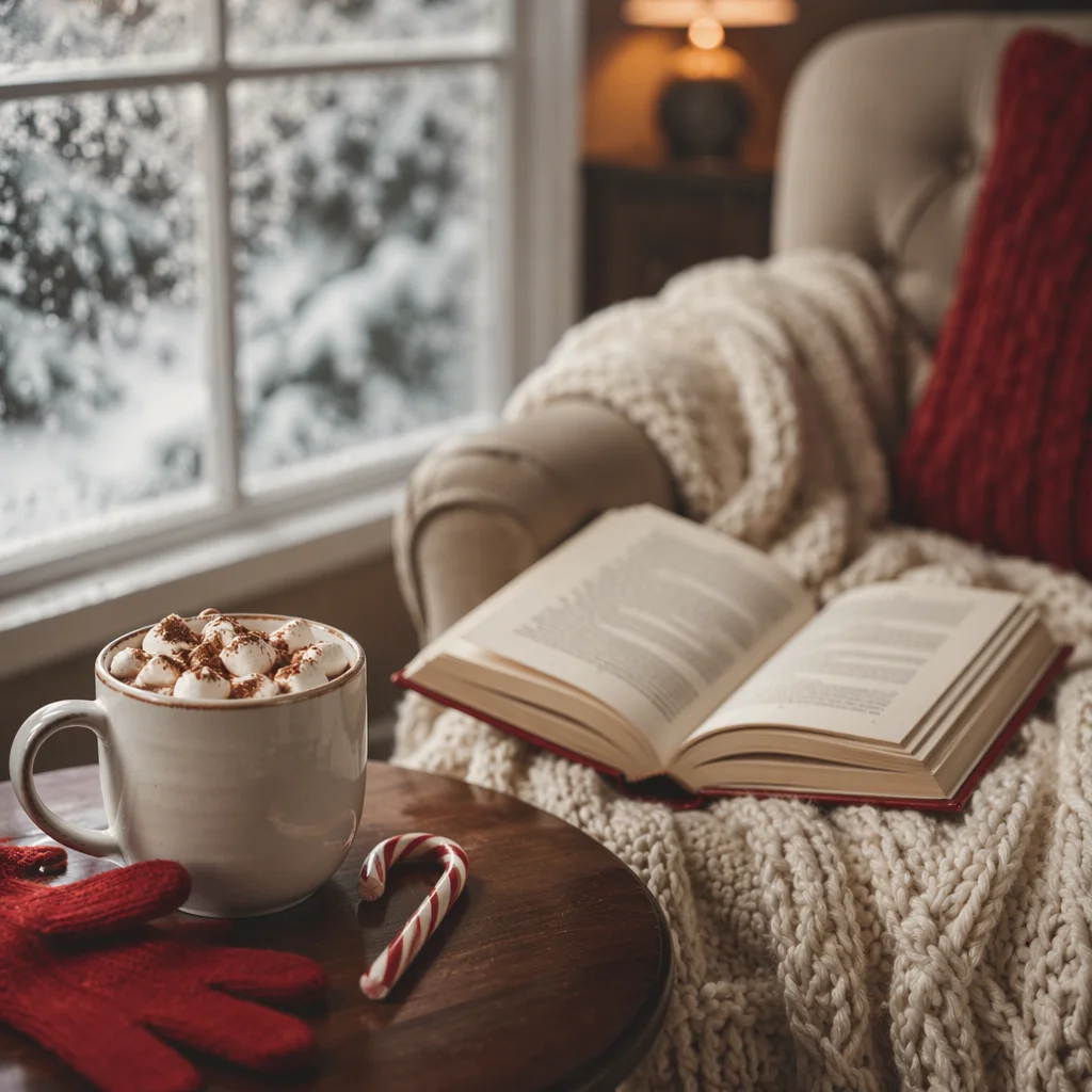 Cozy Winter Reading Nook with Hot Cocoa